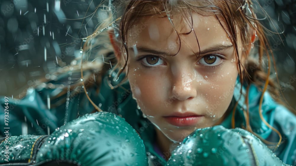 10 year old girl practicing boxing, wearing green sportswear, her ...