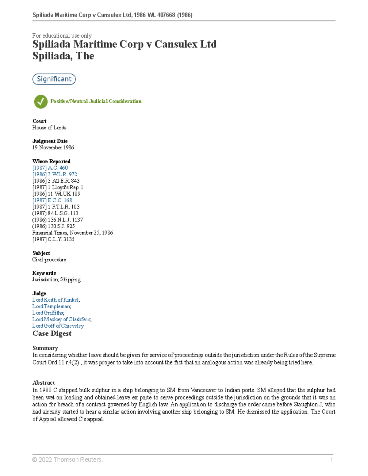 Spiliada Maritime Corp v Cansulex Ltd [1986] UKHL 10, [1987] AC 460 ...