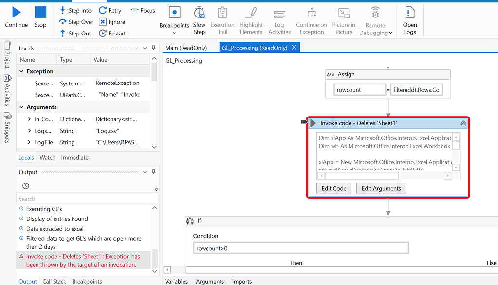 Invoke code - Exception has been thrown by the target of an invocation ...