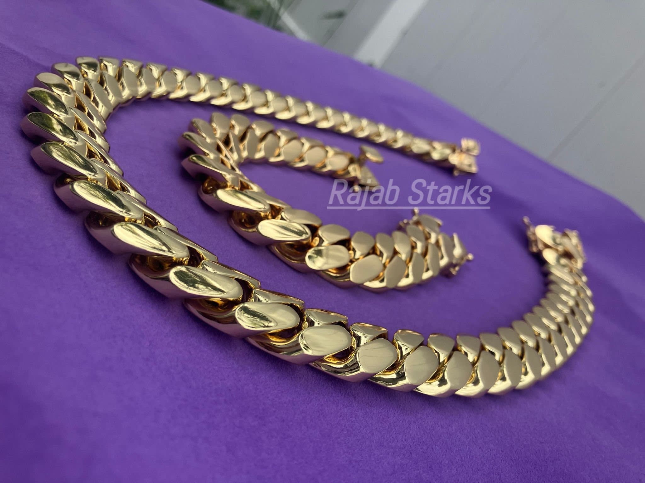 Miami Cuban Link Chain Bracelet Set 10k Plated Box Lock Heavy Solid ...