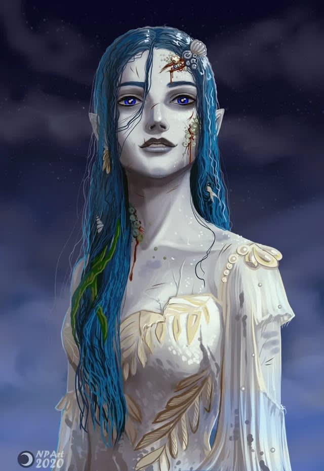 a digital painting of a woman with blue hair and white skin wearing an ...