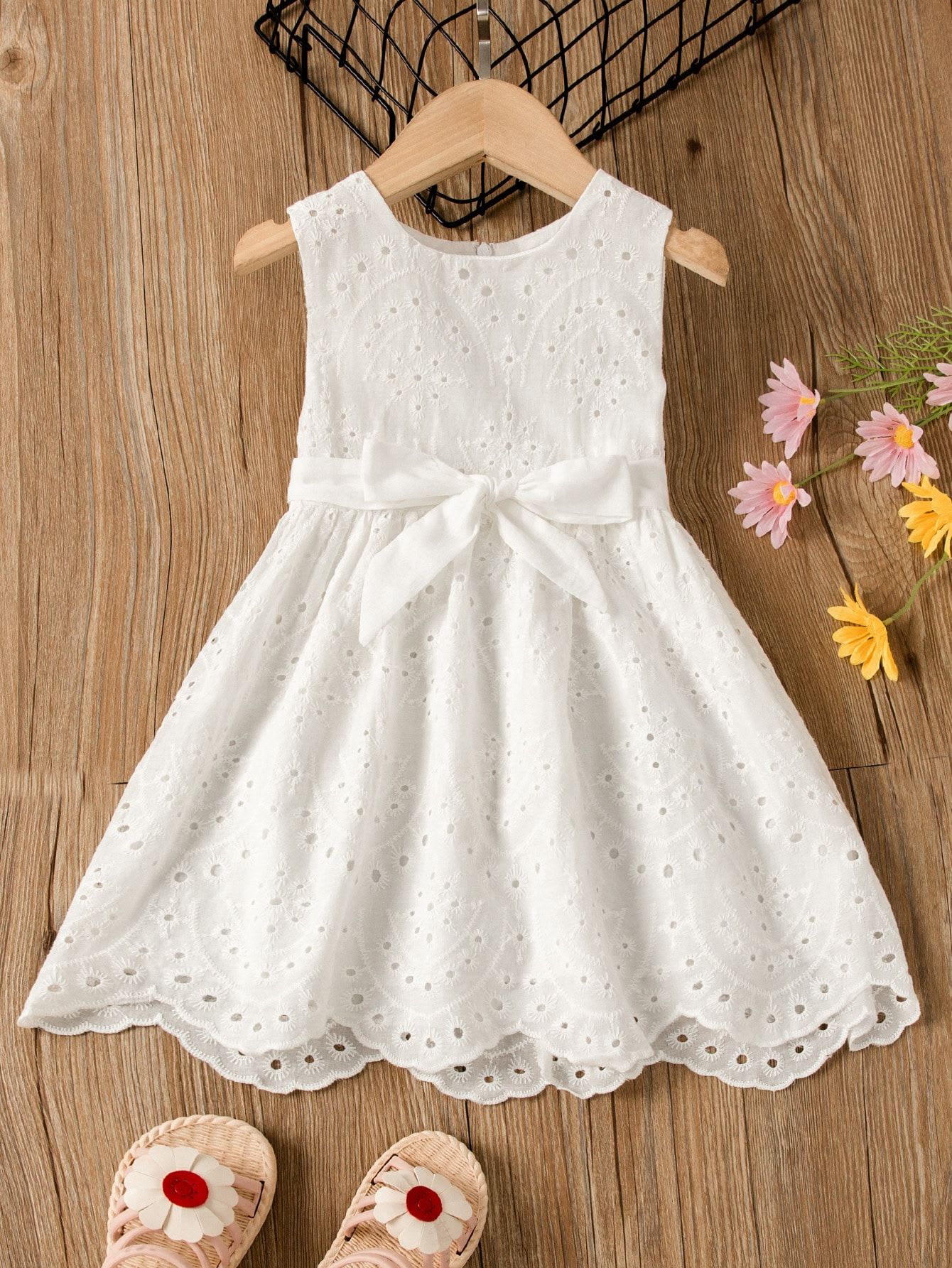 Toddler Girls Scallop Trim Eyelet Embroidery Belted Dress | Dresses ...