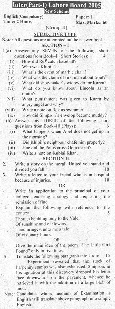 Inter Part I English Subjective Group II Lahore Board 2005