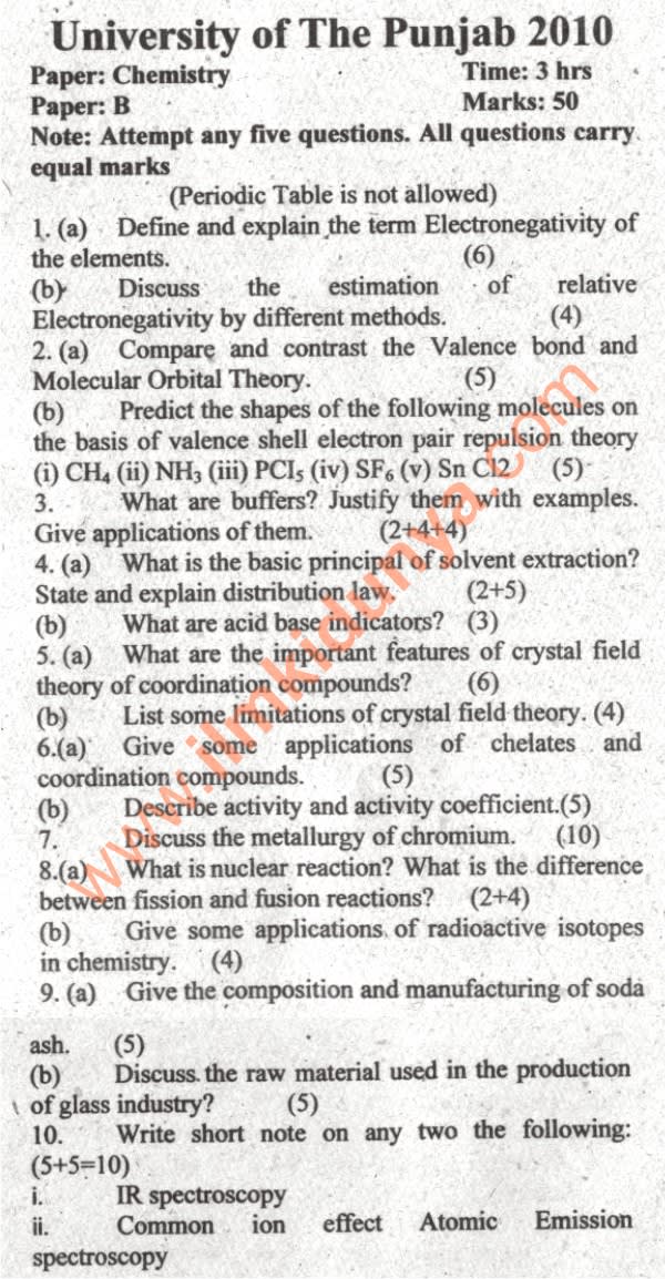 Past Papers 2010 Punjab University BA BSc Chemistry Paper B