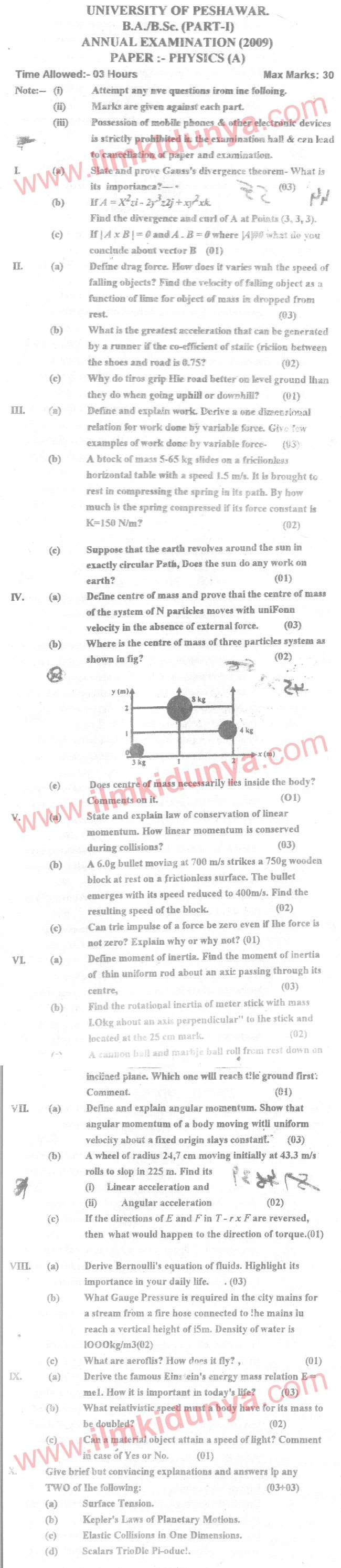 Past Papers 2009 Peshawar University BSc Part 1 Physics Paper A