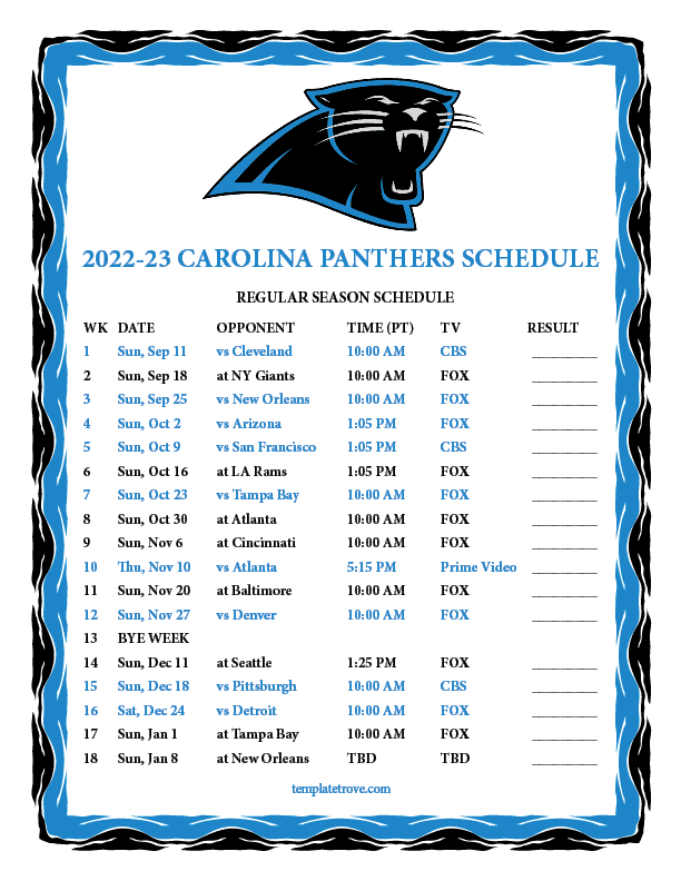 Printable 2022-2023 Carolina Panthers Schedule