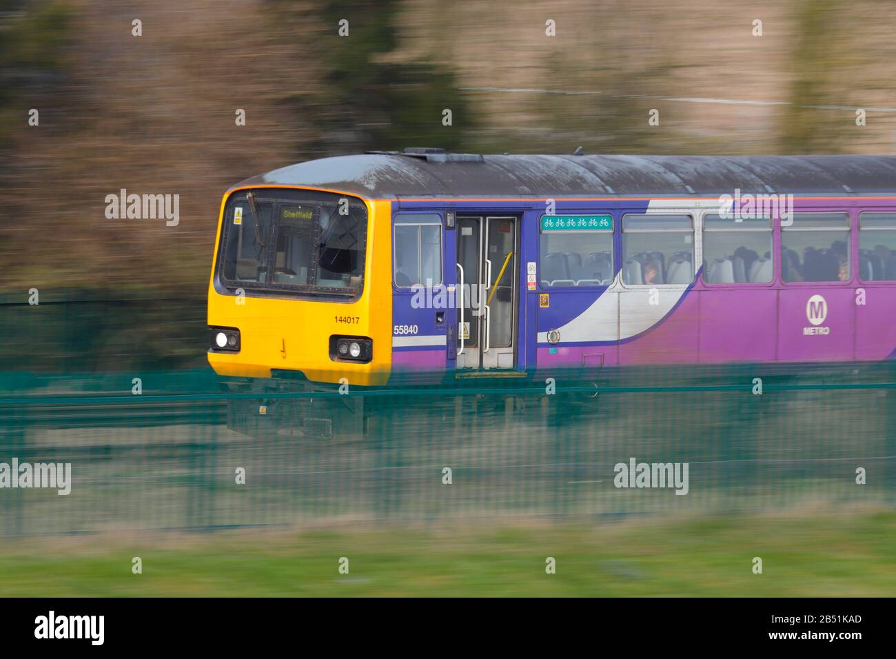 A British Rail Class 144 pacer train heading to Sheffield which is ...