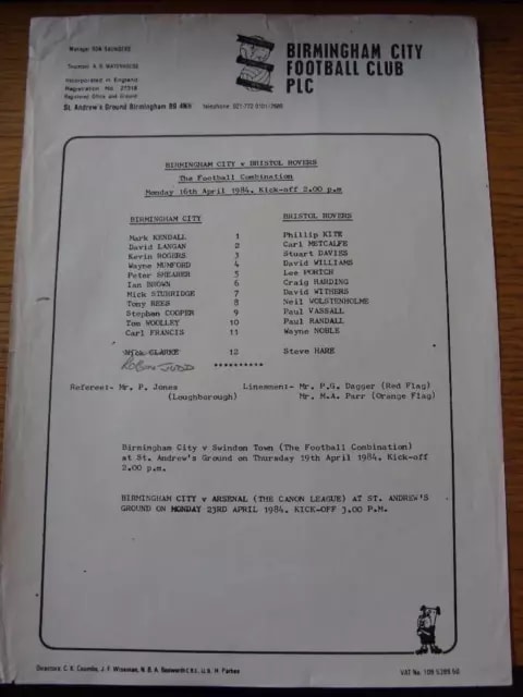 16/04/1984 BIRMINGHAM CITY Reserves v Bristol Rovers Reserves (foglio ...