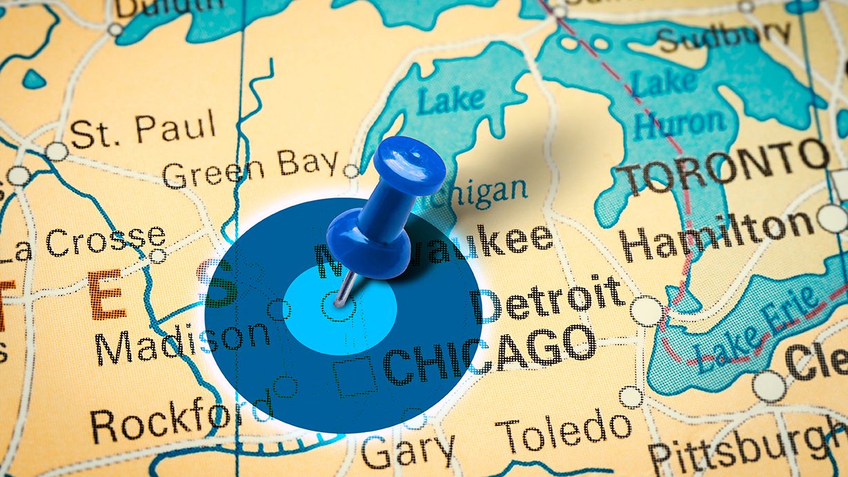 A map with a blue push pin in the center