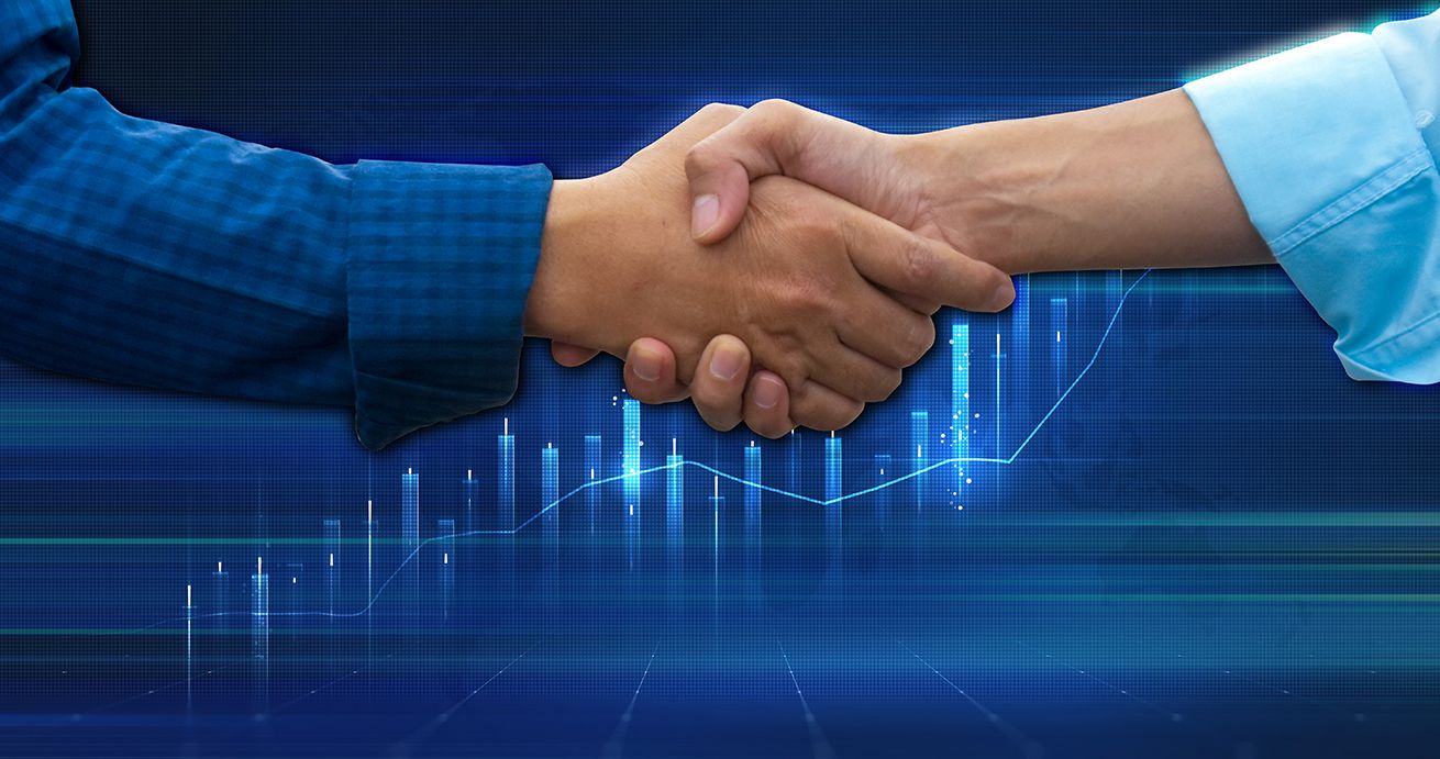 Two hands shaking infront of a trending up graph