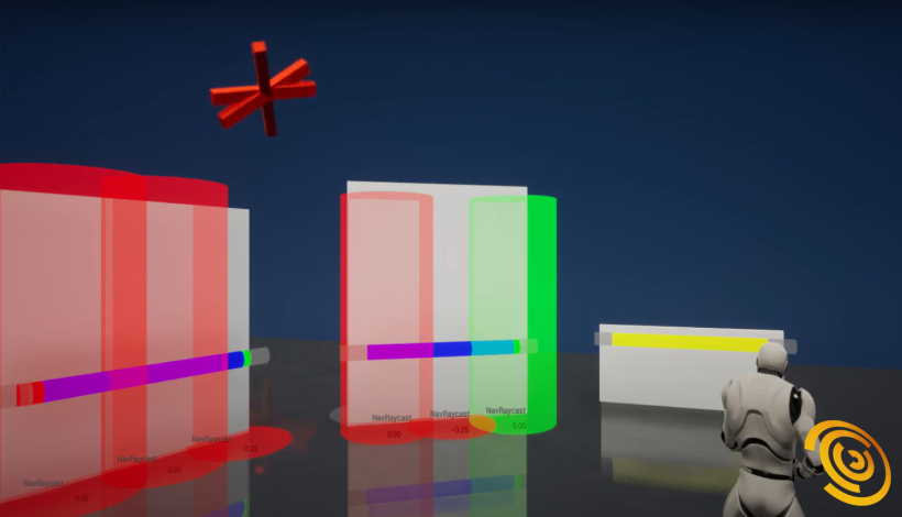 A series of game obstacles are seen being observed by a game character in the foreground. Each obstacle features a different colour of highlight to explain the AI candidate scoring for that position