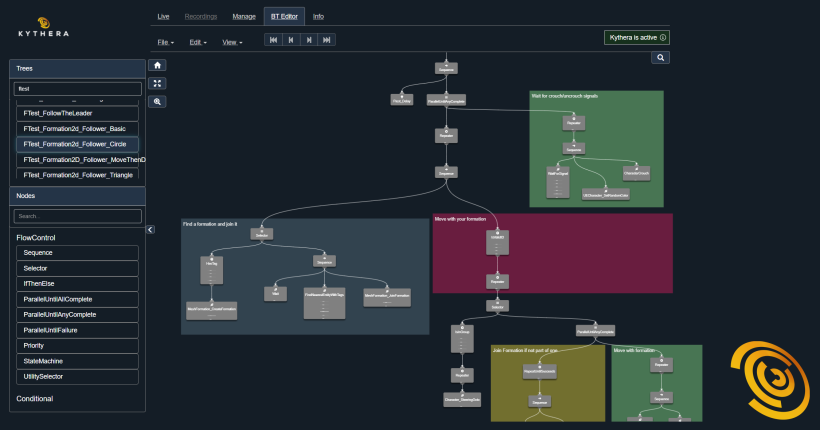 The software interface is shown, with a left navigation sidebar and a behaviour tree (similar to a mind map or flow diagram, with grouped and connected nodes) is being used to configure AI behaviour parameters