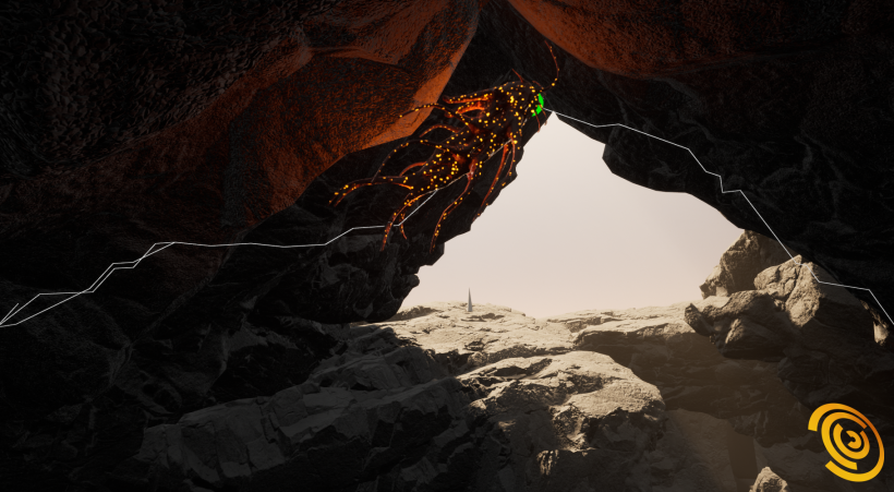 The viewer is looking out of a rocky cave toward sunlight - a flying creature is seen navigating the through-line of its navigation path as configured by the AI engine