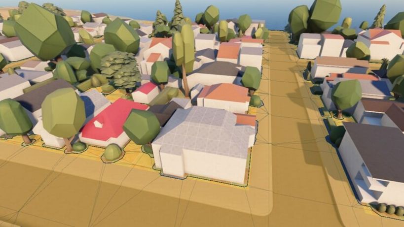A very basic village is shown, using plain assets. Debug draw is enabled, showing the Kythera AI NavMesh.