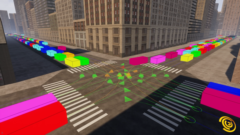 A basic city created in Unreal Engine, with debug draw enabled, that shows the intersection of a street.