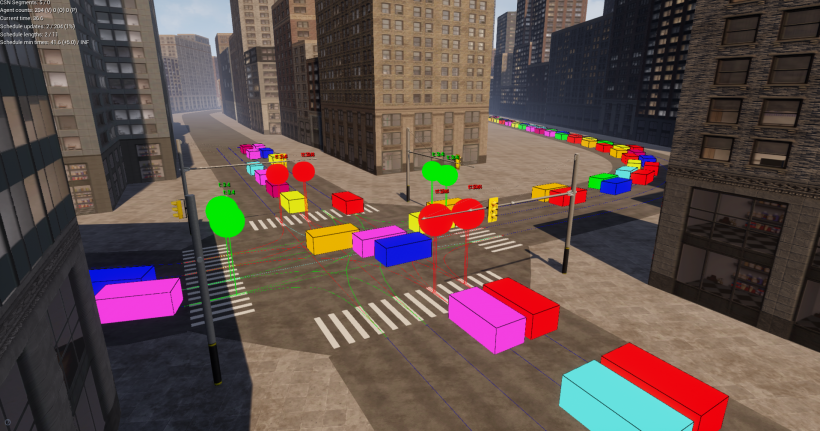 A basic city created in Unreal Engine with debug draw enabled, showing an intersection with the representations of vehicles following the rules of the road.