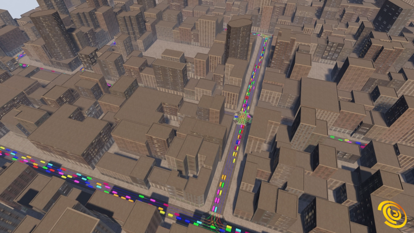 A zoomed-out, basic city created in Unreal Engine. It shows a representation of traffic.