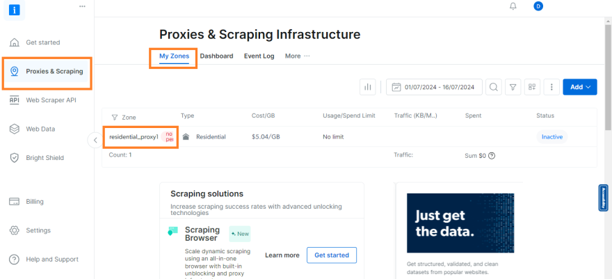 ScraperAPI dashboard overage activation screenshot
