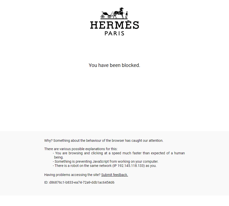 Hermes.com Blocked by DataDome