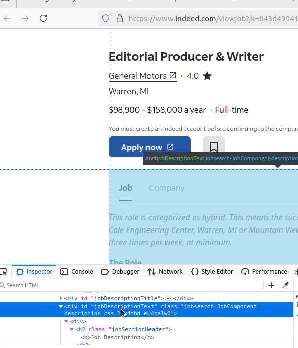 Indeed Individual Job Page HTML Inspection