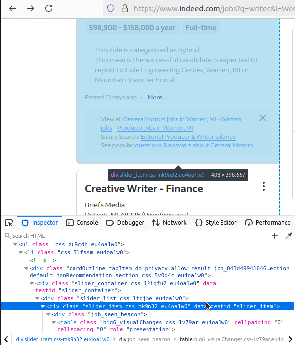 Indeed Search Page HTML Inspection