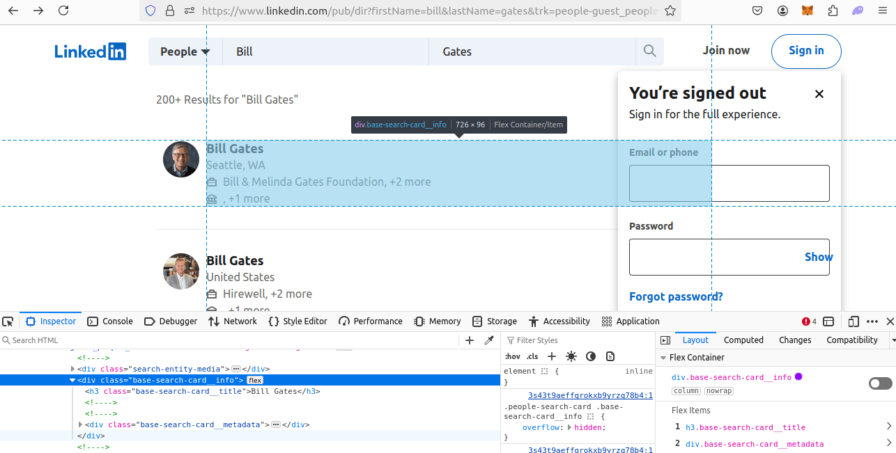 HTML Inspection LinkedIn Search Results Page