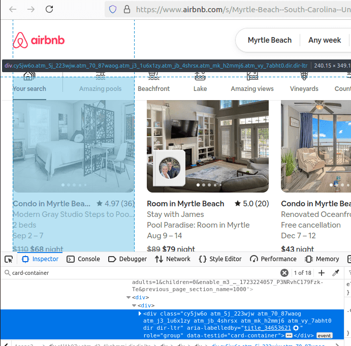 Airbnb Search Results HTML Inspection