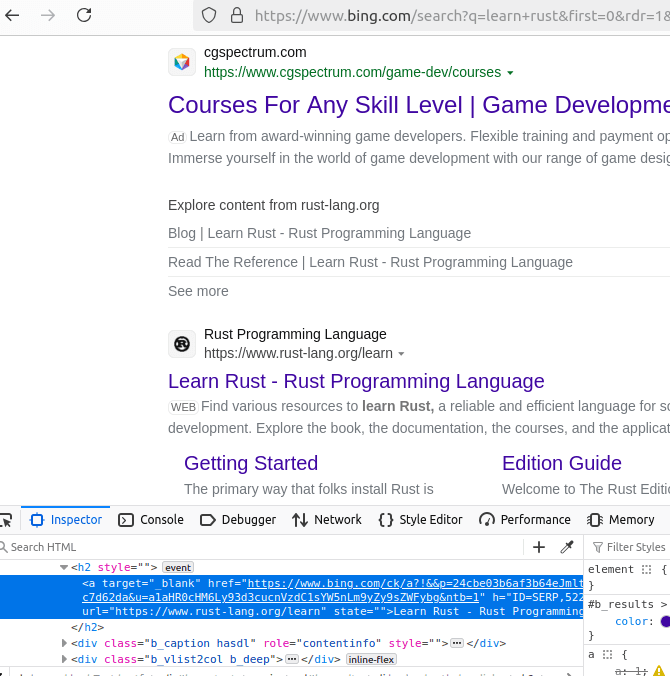 Bing Search Results Page HTML Inspection