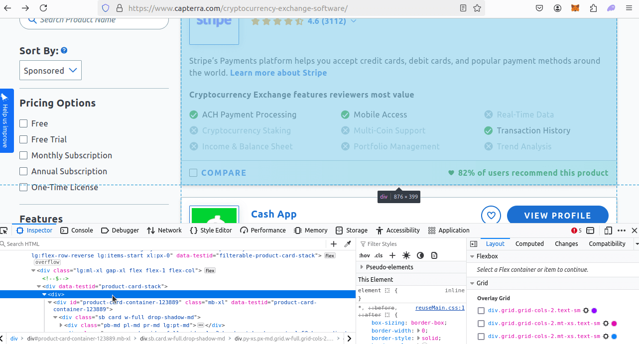 Capterra Search Result HTML Inspection