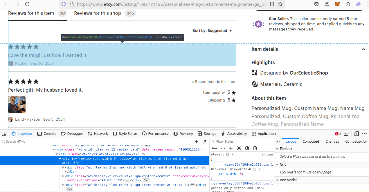 Etsy Product Page HTML Inspection