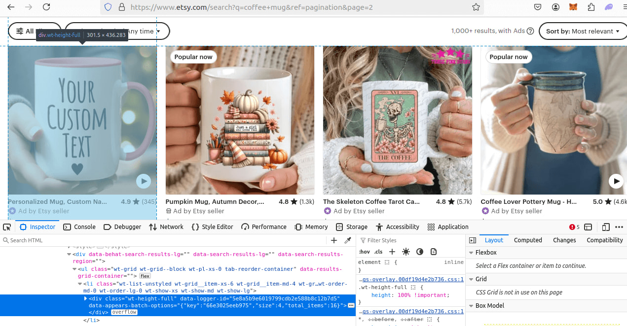 Etsy Coffee Mug Search Results HTML Inspection