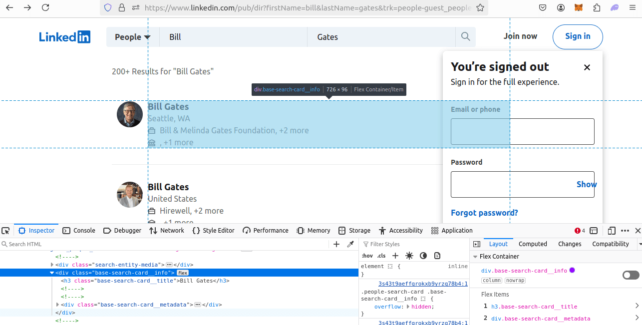 HTML Inspection LinkedIn Search Results Page