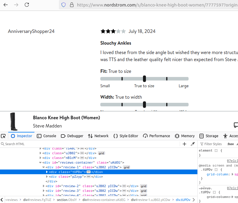 Nordstrom Product Page HTML Inspection