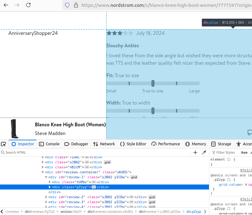 Nordstrom Product Page HTML Inspection