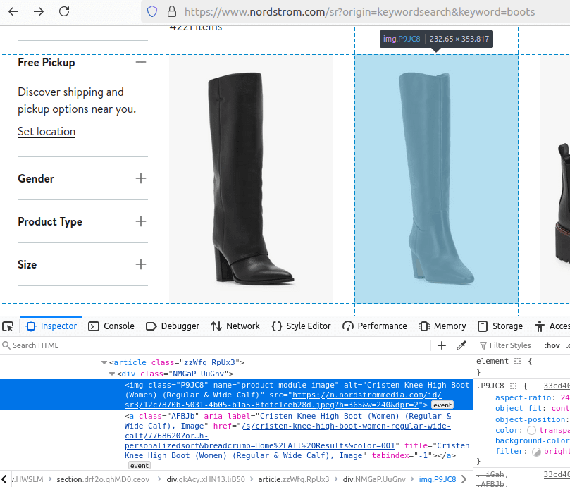 Nodstrom Search Results Page HTML Inspection
