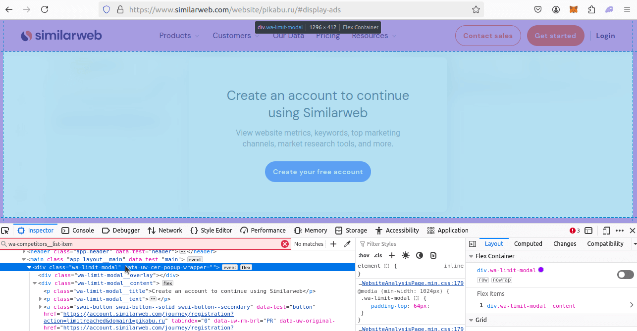 Similarweb Create Account HTML Inspection
