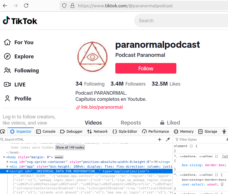 TikTok Channel HTML Inspection