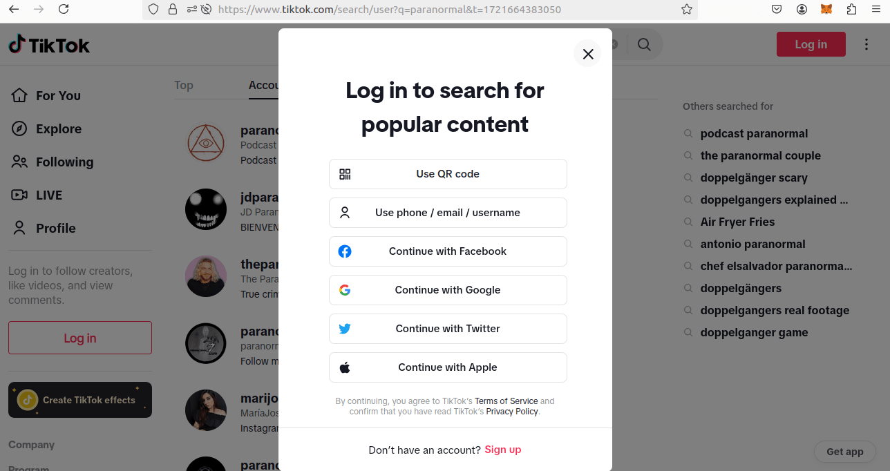 TikTok Login Modal