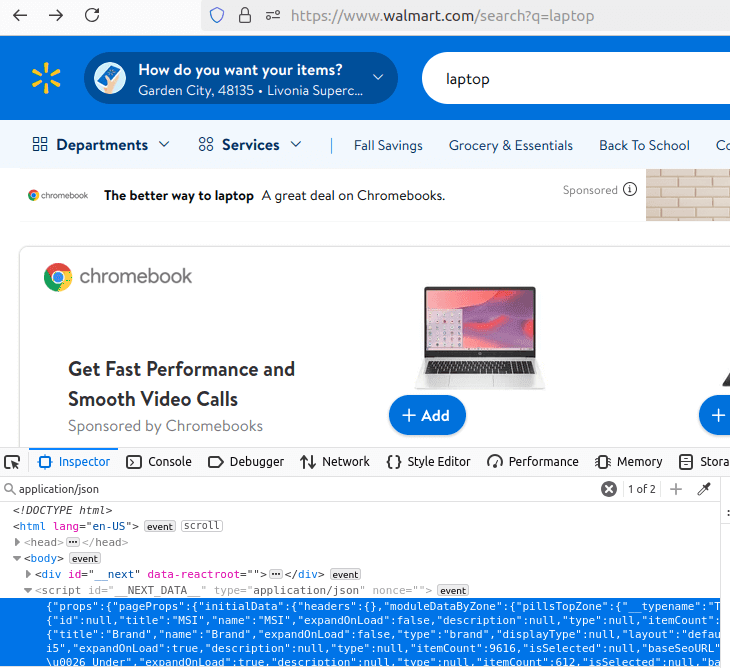 Walmart Search Results Page HTML Inspection