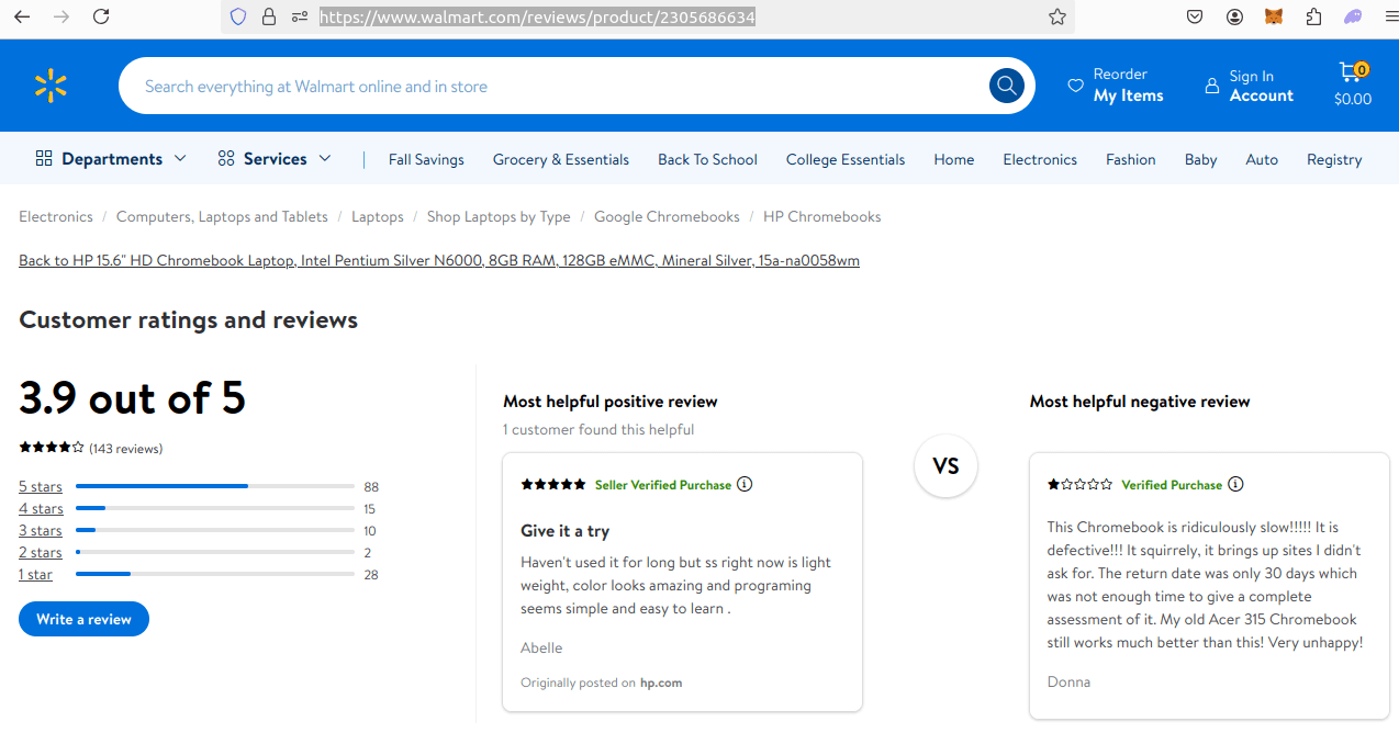 Walmart product reviews