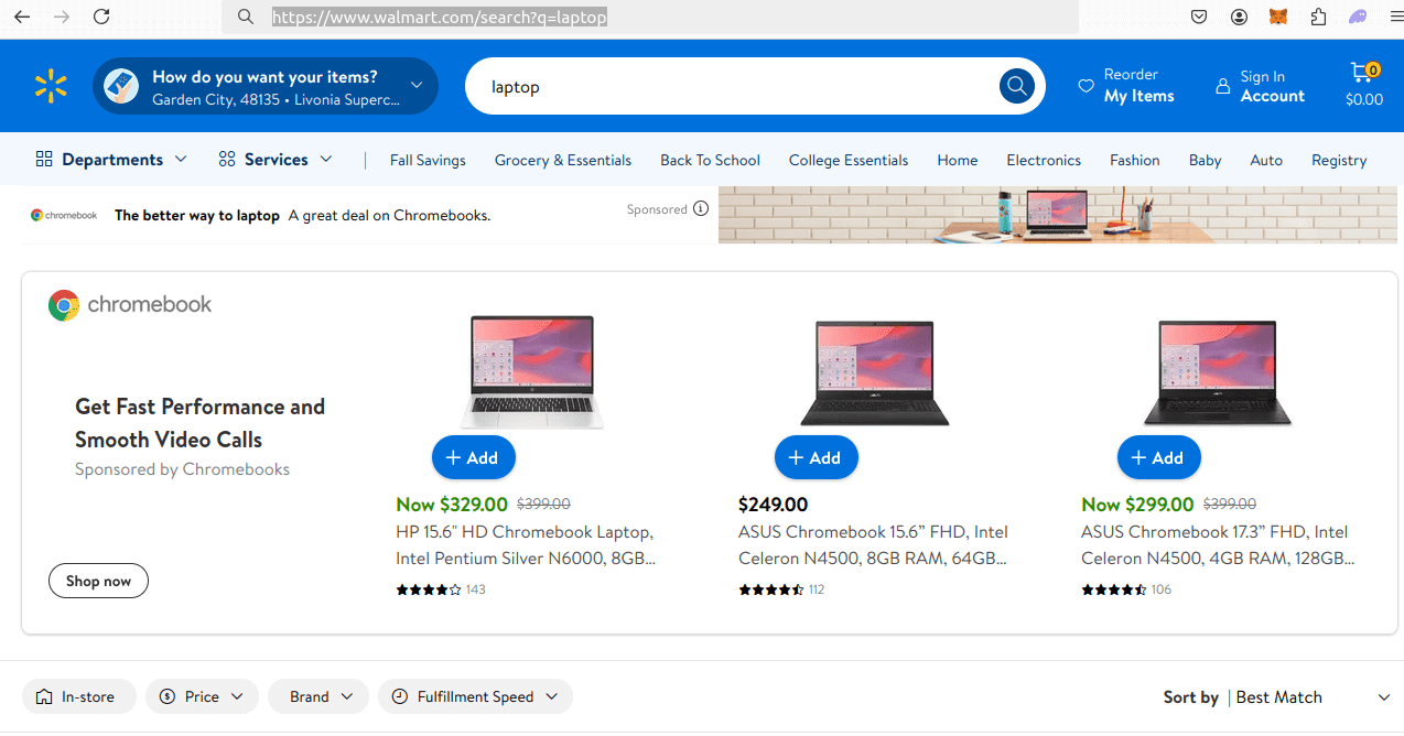 Walmart Search Results Page