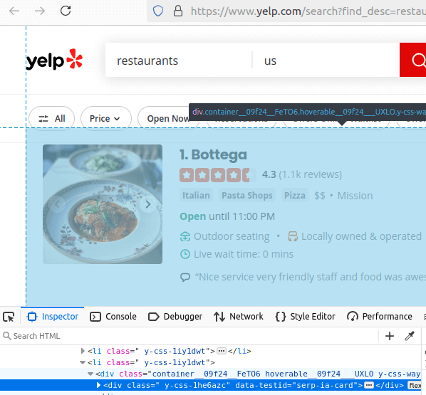 Yelp HTML Inspection Search Results