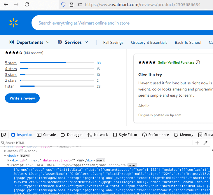 Walmart product reviews HTML Inspection