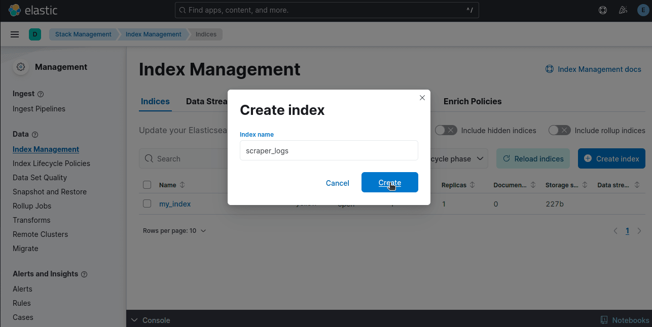 Web Scraping ELK Stack - Kibana Create Index