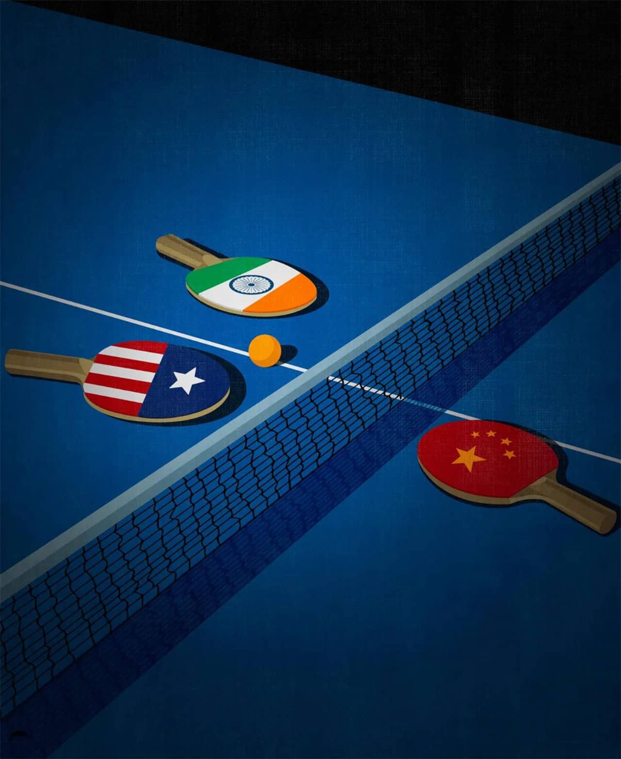 Illustration of a ping-pong table with paddles with the Chinese, US, and India