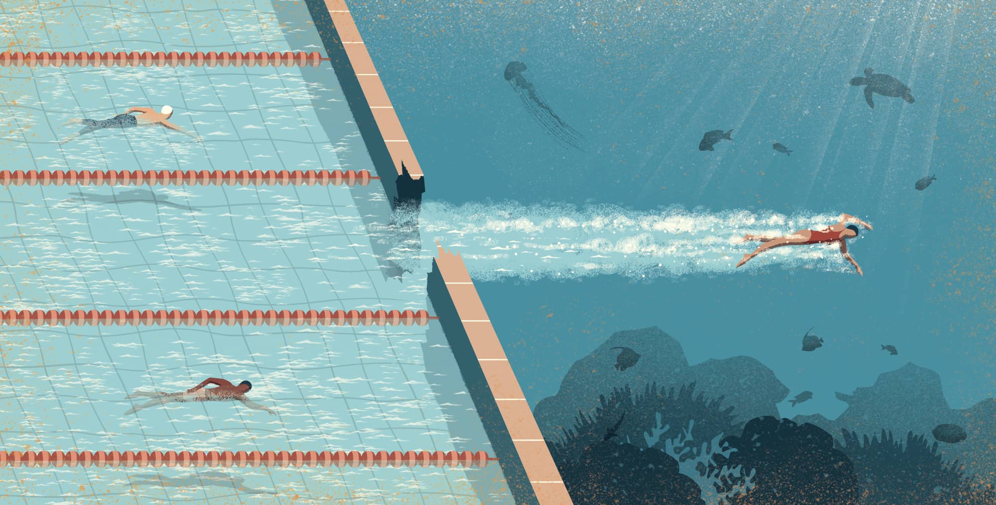 Illustration of a person swimming in a pool and breaking through the wall and swimming in the ocean. Illustration by Davide Bonazzi, Conceptual, 