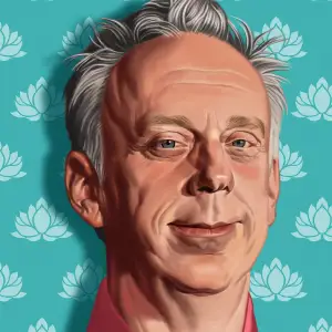 Portrait of Mike White, with a background of white lotuses.. Illustration by Scott Anderson, Portrait,