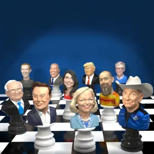 A chess board with the chess pieces portraits of well-known figures like Elon Musk, Donald Trump, Bill Gates. Illustration by Wesley Bedrosian, Portrait, Conceptual,