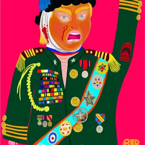 Satirical illustration of Trump yelling and wavy his tiny hand while wearing an highly festooned military jacket.. Illustration by Alison Berkey, Portrait,