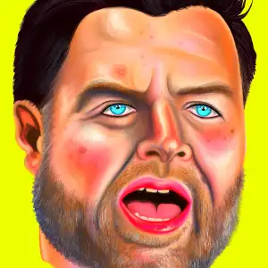 Illustration of JD Vance on a bright yellow background, with his mouth open and looking uncanny.. Illustration by Alison Berkey, Portrait,